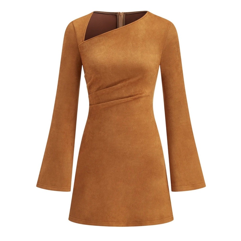 NEW Commense Faux Suede Asymmetrical Bell Sleeve Mini Dress Camel Brown XL